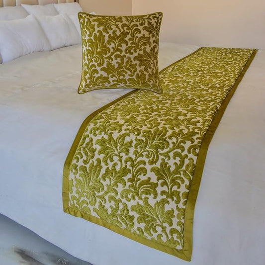 The HomeCentric King/Queen/Twin Chartreuse Designer Twin 53"x18" Bed Runner with Pillow Cover, Velvet, Floral Pattern Bed Scarf on Velvet Fabric - Enchanted Chartreuse