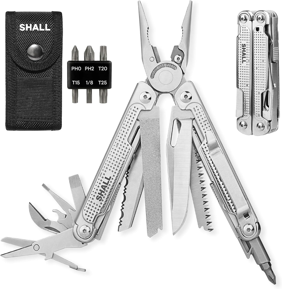 SHALL Multi Tool, 18-in-1 Multitool Pliers, Stainless Steel Multi-tool Pocket Knife w/Screwdriver Bit, Self-locking Multipurpose Tool w/Sheath for Camping Fishing Survival Hunting