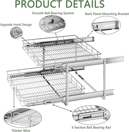 2 Tier Individual Pull Out Cabinet Organizer 27" W x 21½" D, Heavy Duty Cabinet Pull Out Shelves, Slide Out Drawers Organization for Kitchen Cabinets Bathroom