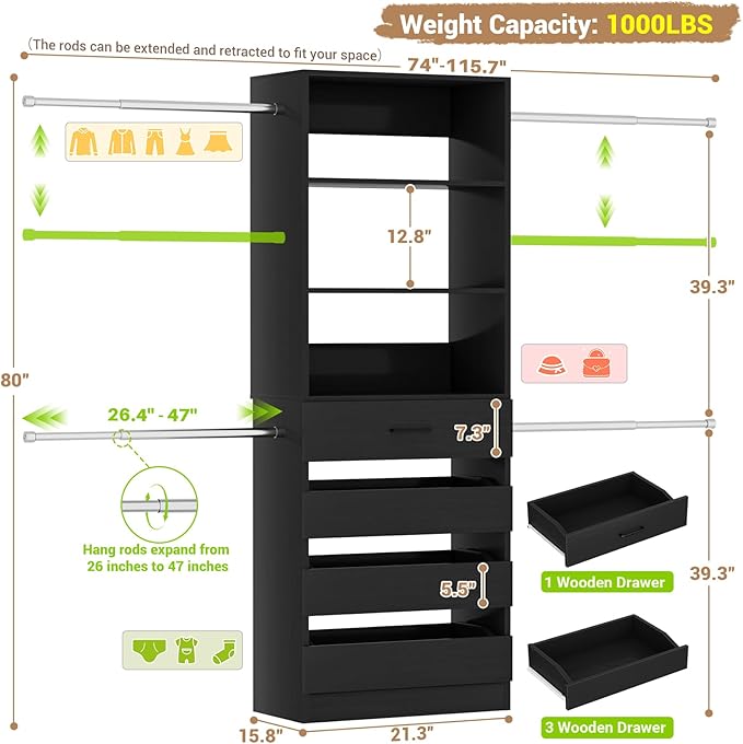 Aheaplus Closet System, 4-9Ft Closet Organizer with 4 Wooden Drawers, Wood Closet Organizer System with Tower, Walk-in Closet Organizer Wardrobe Clothes Rack with 4 Hanging Rods, Garment Rack, Black