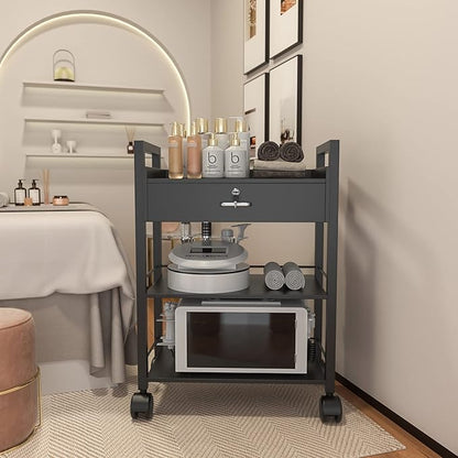 Paddie Salon Trolley Cart, Salon Tray Wooden Mobile Utility Cabinet with 1 Drawer 2 Trays, Rolling Storage Station Medical Esthetic Supply Holder for Beauty Spa (1 Drawer, Black)