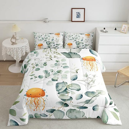 Erosebridal Kawaii Jellyfish Toddler Bedding Sets for Boys Girls Cartoon Animal Comforter Set, Eucalyptus Leaves Bedding Comforter Sets Ocean Wildlife Duvet Insert, Tropical Plants Down Comforter