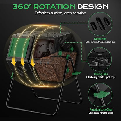Compost Tumbler 45 Gallon/170L, Easy-Assemble Dual Chamber Compost Bin Outdoor, 360°Rotating Large Composter for Outside, Backyard, Garden, Gifts for Seasoned Gardeners & Beginners-Green