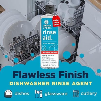 Nature Clean All Natural Dishwasher Rinse Aid Cleaner, Liquid Dishwasher Rinse Agent for Spot-Free Glass & Cutlery in Hard Water, Non Toxic Dish Washer Rinse Aid & Stain Remover, 8 oz/250ml, Pack of 4