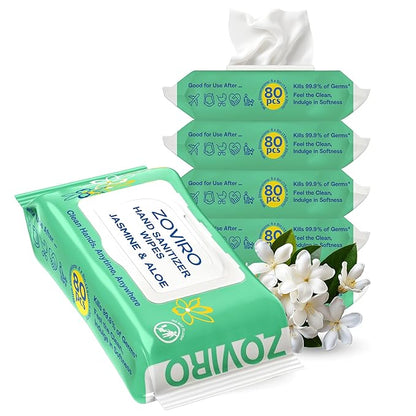Zoviro Hand Sanitizer Wipes, Jasmine Essential Oils, 100% Viscose Ultra-Soft Wipes, Moisturizing & Non-Sticky, Jasmine Scent, Adults & Kids, 80 Count (Pack of 6)