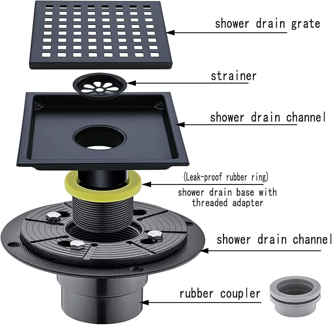 RANDOM Square Shower Drain 6 Inch Matte Black Stainless Steel Shower Floor Drain Kit with Adjustable PVC Base Flange, Removable Grid Grate, Hair Strainer