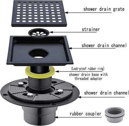 RANDOM Square Shower Drain 6 Inch Matte Black Stainless Steel Shower Floor Drain Kit with Adjustable PVC Base Flange, Removable Grid Grate, Hair Strainer