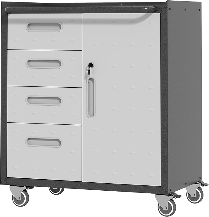 Metal Storage Cabinet with Wheels, Rolling Tool Cabinet with Adjustable Shelve, Locking Garage Storage Cabinet with 4 Drawer and 1 Door for Tools, Assembly Required (Black/Grey)