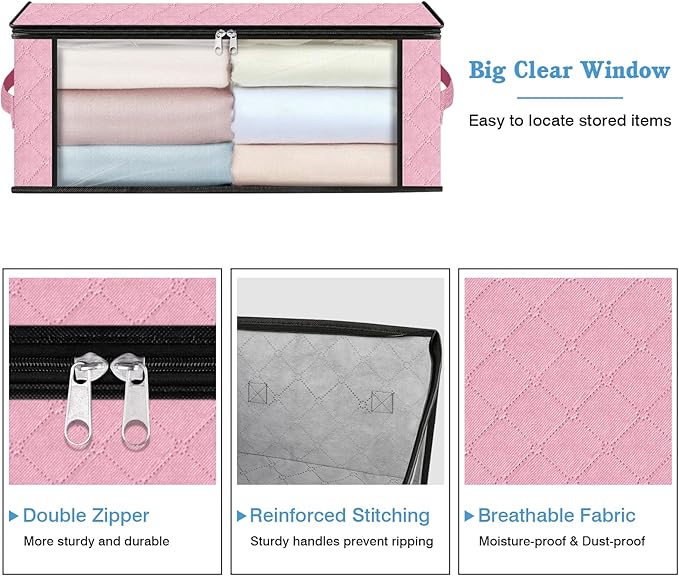 HomeHacks Storage 3-Pack Clothes Organizer Storage Bags Foldable Storage Box with Large Clear Window Sturdy Handles for Closet, Dorm, Pillows, Bedding, Clothes, Blankets, 35L, Pink