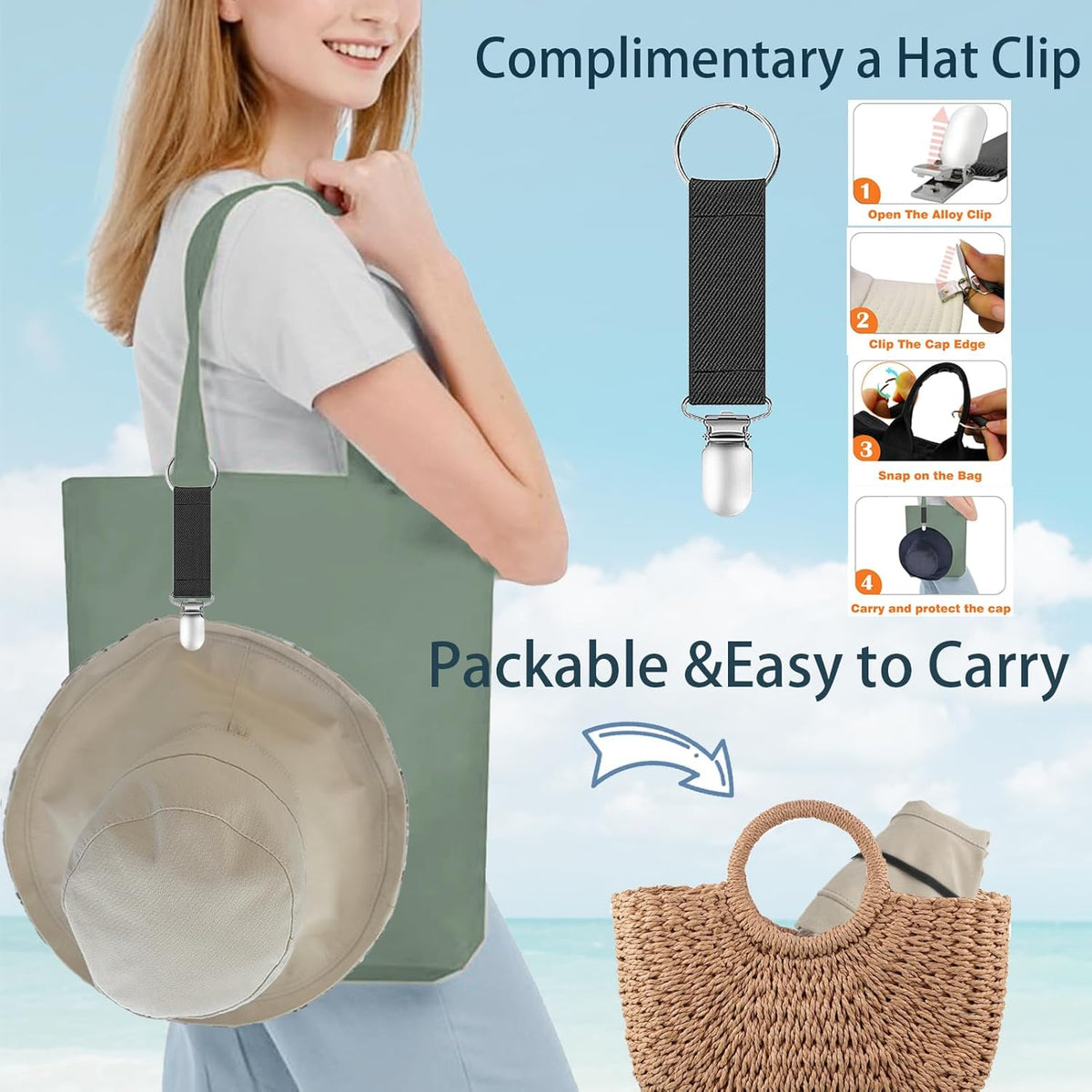 vidsel Womens Sun Hats Wide Brim Reversible Bucket Cotton Hat Packable Summer Travel Cap with Hat Clip,UV Protection