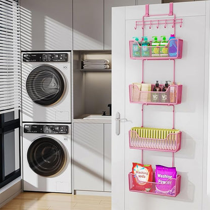 HapiRm Over Door Organizer Storage - Hanging Door Organizer with 4 Metal Large Capacity Baskets and Adjustable Coat Hook for Bathroom Bedroom Kitchen Pantry Closet Cabinet