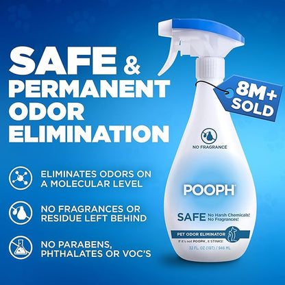 POOPH® Pet Odor Eliminator – 32 fl oz Bottle – Organic, NO Fragrances, NO Harsh Chemicals – Fast, Safe and Effective, Works On-Contact! For Home, Auto, Upholstery, Furniture – Safe for Pets & People