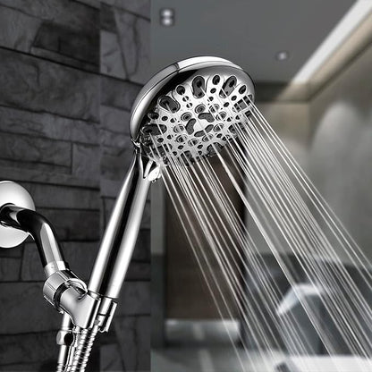 Handheld Shower Head, 6 Spray Setting High Pressure Shower Head with Brass Swivel Ball Bracket and Extra Long Stainless Steel Hose, Chrome, 5"