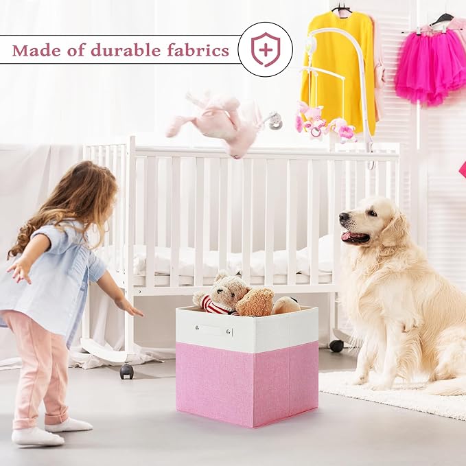 13 x 13 Inch Fine Linen Storage Bins with Handles，Fabric Cube Boxs，Collapsible Basket Organizers for Shelves for Home, Closet Drawers (White/Pink-4 Pack)