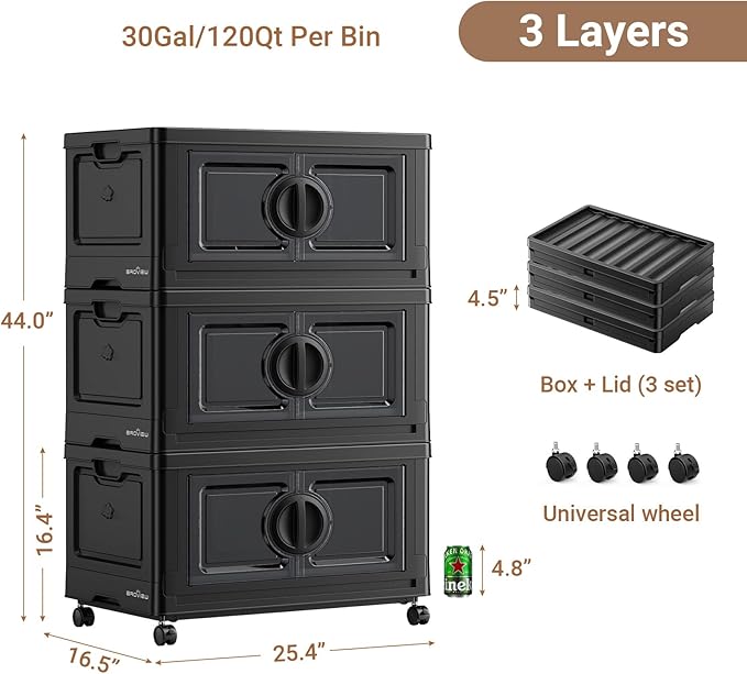 BROVIEW 360Qt Lockable Stackable Storage Bins with Lids, Closet Organizers and Storage Drawer, Collapsible Storage Bin with Wheels, Plastic Cabinet for Toy Clothes Dorm Organizer, V9 3 Pack Black