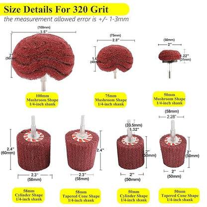 HighFree 7 PCS Non Woven Abrasive Buffing Polishing Wheels Drill Attachment Set - Scouring Pads Wheel with 1/4" Shank for Stainless Steel Copper Aluminum Wood-Wares (320 Grit Red)