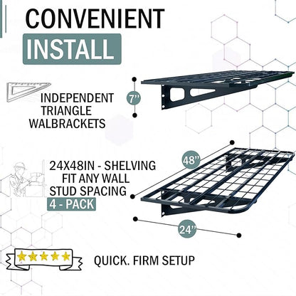 2-Pack 2x4ft Garage Wall Shelves, 2 Shelf Total 8 ft(L) Garage Shelving Wall Mounted – Heavy-Duty Storage Shelves, Perfect for Holding Storage Bins, Boxes, Sporting Goods, Tools, and More Space-Saving