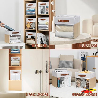 HNZIGE 11 Inch Foldable Fabric Storage Cubes - Clear Bins for Shelves, Canvas Cube Organizer Bins (White Beige 6 PCS)