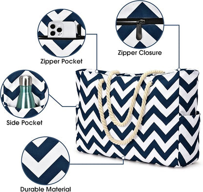 Becokan Beach Bag Large Beach Tote Bag for Women Waterproof Sandproof Swim Pool Bag With Zipper