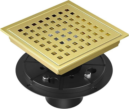 Shower Drain Brushed Gold 6 Inch, Square Floor Drain, Stainless Steel Drain Kit with Flange, Removable Grid Cover, Hair Strainer