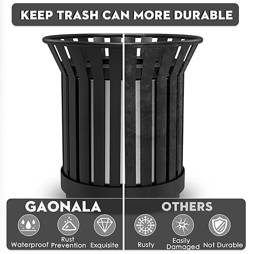25.2IN Large Round Large Outdoor Trash Can, Heavy Duty Metal Slatted Garbage Can Outdoor, All Weather Resistant Commercial Garbage Cans, Waste Receptacle in Park, School, Beach, Patio Black
