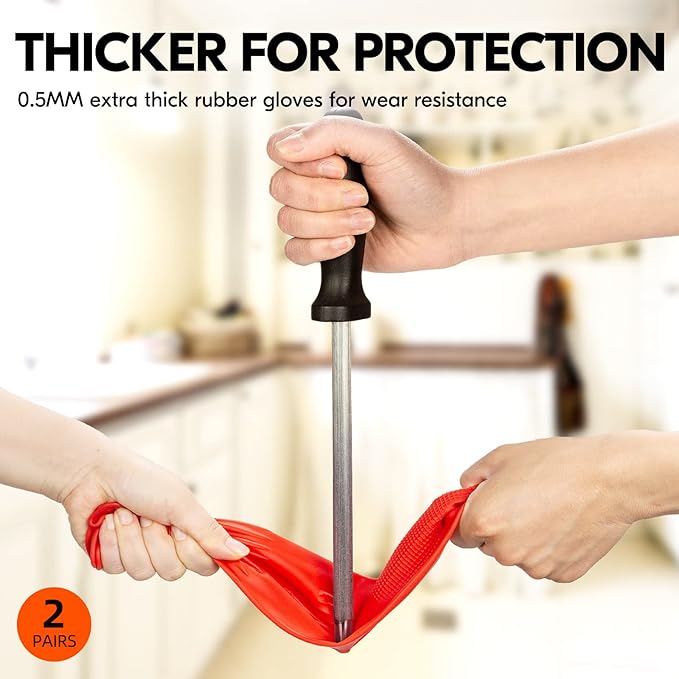 Vgo 2-Pairs Dishwashing Gloves, Reusable Household Gloves, Long Sleeve, Thick Latex, Cleaning, Washing, Painting, Gardening, Pet Care (Size L, Red, RB2143)