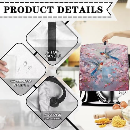 Kitchen Aid Mixer Cover Pink - Hummingbird Flower Pattern - Dust Cover with Pockets and Handle - Waterproof Polyester - Stand Mixer Covers
