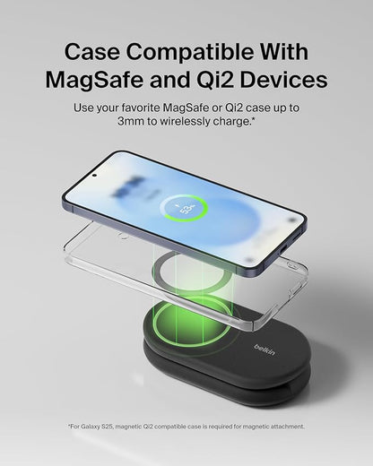 Belkin MagSafe-Compatible Charger, 2-in-1 Magnetic Foldable Charger 15W - Qi2-Certified Wireless Charging for Apple iPhone 16, Apple Watch, Samsung Galaxy S25 w/Non-Slip Base, PSU Included - Black