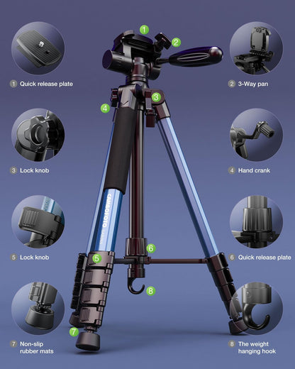 74"-Camera-Tripod, Navy Blue Professional Aluminum Heavy Duty Tripod Stand for Mirrorless Camera/DSLR/Cell Phone/Camcorder, with Holder and Travel Bag