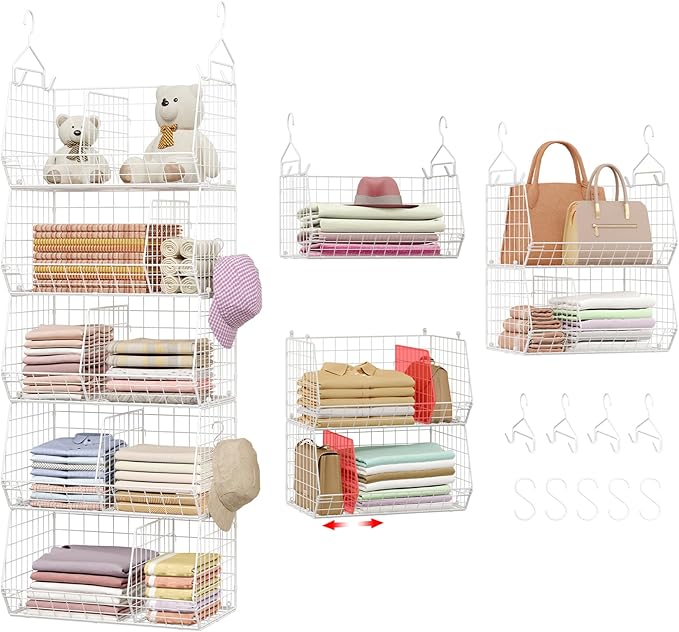 5 Tier Extra Large Closet Hanging Shelves with Divider,2 Pair Hook,16.5"L x 11.8"W x 51.4"H Closets Organizers and Storage,Clothes Organizer Clothing Sweaters Shoes Handbags Clutches Accessories-White