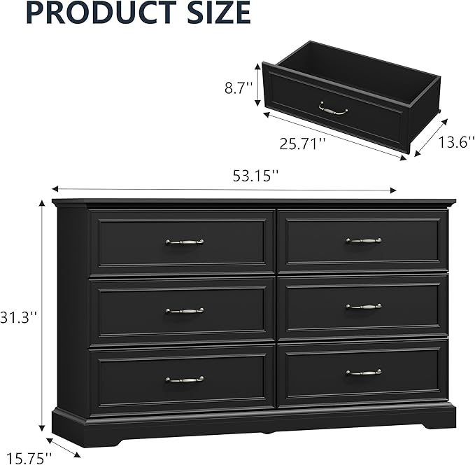 6 Drawer Dresser for Bedroom, 53" Wide Wooden Chest of Drawers, Rustic Farmhouse Dresser with Large Drawers & Metal Handles, Modern Storage Organizer for Closet, Living Room, Hallway, Black
