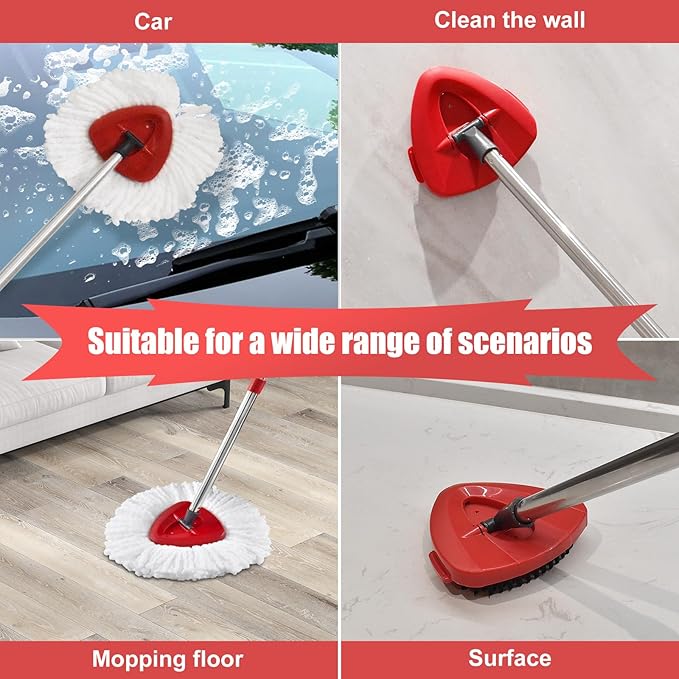 Spin Mop Replacement Handle, 2 Pack Mop Head&Base Scrub Brush 4-Section 30-to-58 inch Mop Replacement Stick Compatible with Ocedar Mop Handle for Easy Wring Mop Refills