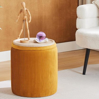 Round Ottoman with Storage Set of 2-Upholstered Velvet Vanity Stool for Makeup Multifunctional Ottomans Coffee Table Padded Seat Foot Rest for Living Room&Bedroom (Yellow-Upgrade Tray Lid)