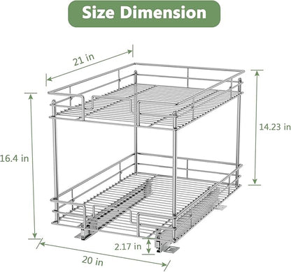 ROOMTEC Pull Out Cabinet Organizer 20" W x 21" D, Kitchen Cabinet Organizer and Storage 2-Tier Cabinet Pull Out Shelves Under Cabinet Storage for Kitchen Chrome