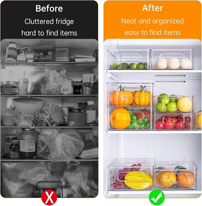 12 Pack Refrigerator Organizer Bins, 3 Sizes Stackable Clear Pantry Storage with Handles and 30 PCS Plastic Bags for Fridge, Freezer, Shelves, Drawer, Snack Organizer for Home & Kitchen