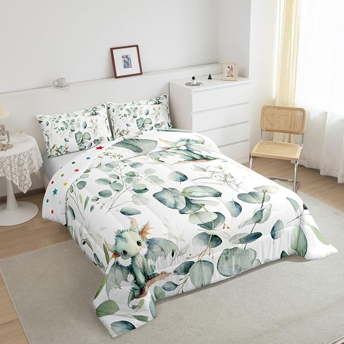 Erosebridal Boys Magic Animal Bedding Queen Size Cute Dragon Comforter Set Queen, Cartoon Wildlife Duvet Insert Green Leaf Quilt Set, Spring Plant Bedding Comforters & Sets Child Kids Bedroom Decor