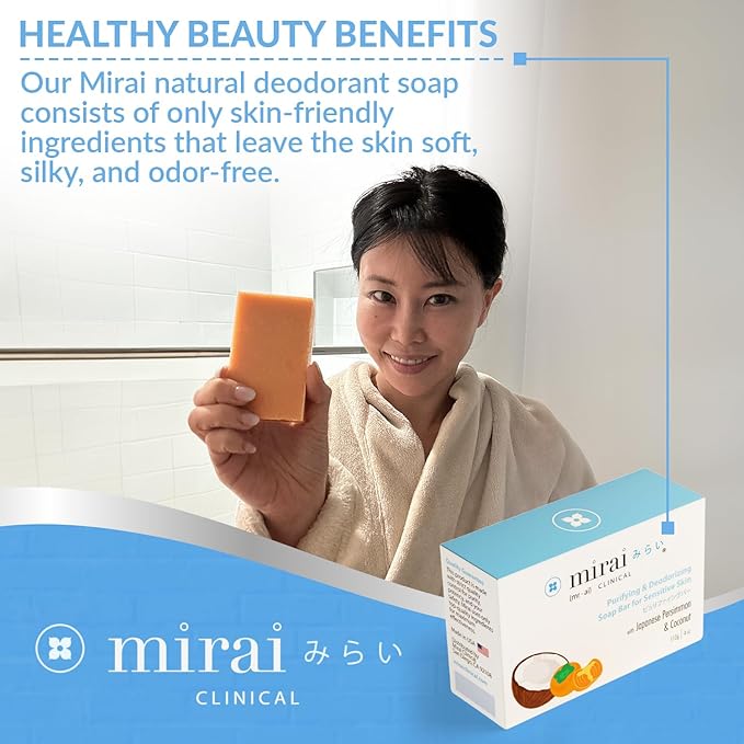 Mirai Clinical Persimmon Soap Bar for Body (100g) - Old People Smell and Nonenal Odor Control with Japanese Persimmon and Green Tea Extract - Deodorant Soap Bar for Men & Women