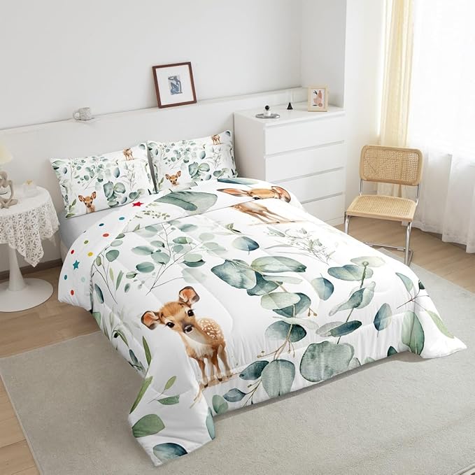 Erosebridal Cartoon Deer Toddler Size Comforter Set Toddler Woodland Wildlife Bedding Set, Spring Plant Down Comforter Eucalyptus Leaf Bed Set, Jungle Animal Theme Quilted Duvet Kids Room Decor