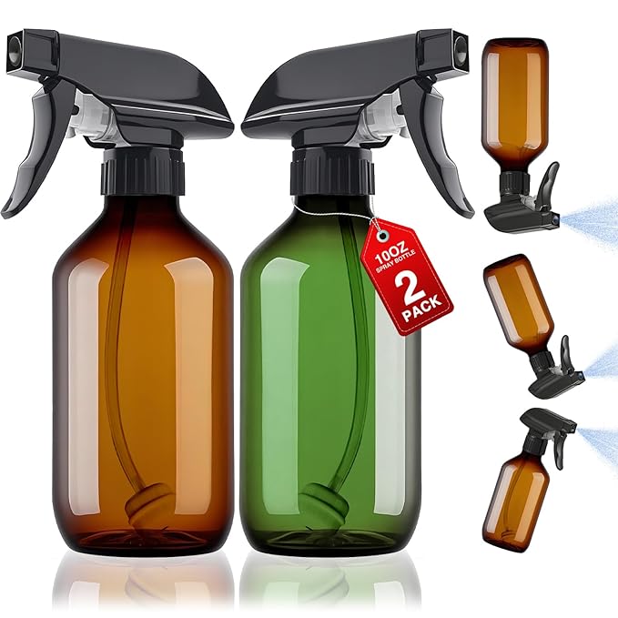 2 Packs Plastic Spray Bottles 360° Water Spray Bottle for Cleaning - 10 oz/300 ml Upside Down Spray Bottle Small Squirt Bottle with Adjustable Nozzle for Hair, Cooking, Plant, Pet (Brown + Green)