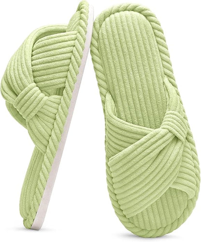Evshine Summer House Slippers for Women Corduroy Cross Bow Indoor Slippers Open Toe Slip On Bedroom Shoes with Memory Foam