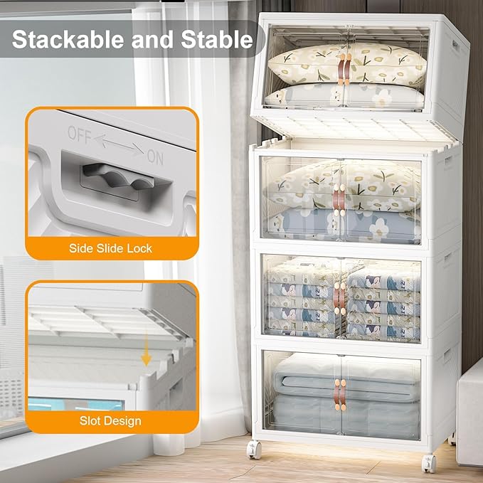 Extra Large Stackable Storage Bins with Lids & Wheels & Door, 1280QT-160QT/40GAL*8Pack Foldable Collapsible Closet Organizers, Plastic containers drawers for bedroom Dorm