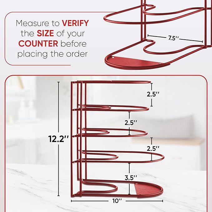 Heavy-Duty Pots and Pans Organizer | 5-Tier Cookware & Lid Storage Rack | Free-Standing or Wall-Mount | Kitchen Organizer for Cast Iron Skillets, Pots, Frying Pans, Lids | Red