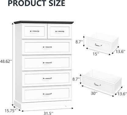 6 Drawer Dresser for Bedroom, 49" Tall Wooden Chest of Drawers, Rustic Farmhouse Dresser with Large Drawers & Metal Handles, Modern Storage Organizer for Closet, Living Room, Hallway, White