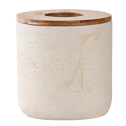 Natural Travertine Textures Beige Mini Trash Can with Bamboo Lid,Small Countertop Trash Can for Bathroom, Kitchen, Vanity, Desk Trash Can,Table Top Mini Garbage Can for Dining Room, Tiny Waste Basket