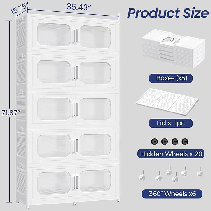 250GAL Extra Large Storage Bins with Lid, 1000QT Storage Bins with Wheels, Folding Closet Organizer, Stackable Collapsible Plastic Storage Containers for Home, Office, Dorm, 5Pack White