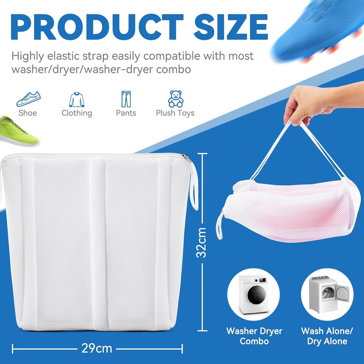 2-in-1 Shoe Dry Bag for Sneaker Dry & Wash, Dual-zone Mesh Sneaker Dryer Bag with Elastic Straps, Door Shoe Laundry Bag for Washer & Dryer, Shoes Cleaning Thickened Mesh Bag for Home Travel Essentials