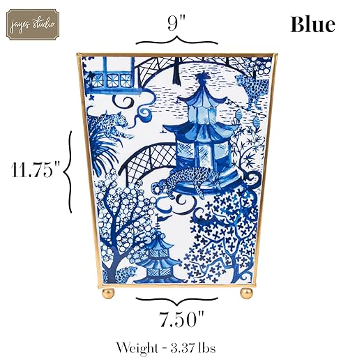 Jaye’s Studio Garden Party Decorative Gold Waste Basket for Bathroom Trash Can no Lid, Bedroom Garbage Can Square Office Trash Bin, Vanity Enamel White & Blue Bathroom Trash Can Gold Feet, 9 inch Wide
