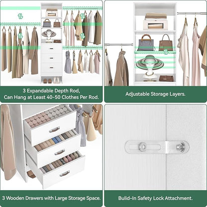 96'' Closet Organizer System with 3 Hanging Rods (Without 3 Storage Shelves), 8FT Closet Systems, Wall Mount Bedroom Wardrobe with 3 Wood Drawers, Adjustable Garment Rack from 5 to 8FT, White