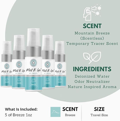 Mist N’ Go by Omaze Travel Bathroom Spray for Toilet Spray Odor Eliminator - Travel Toilet Spray for Bathroom Air Freshener Spray for Bathroom Deodorizer - Breeze Travel Size (1oz x5)