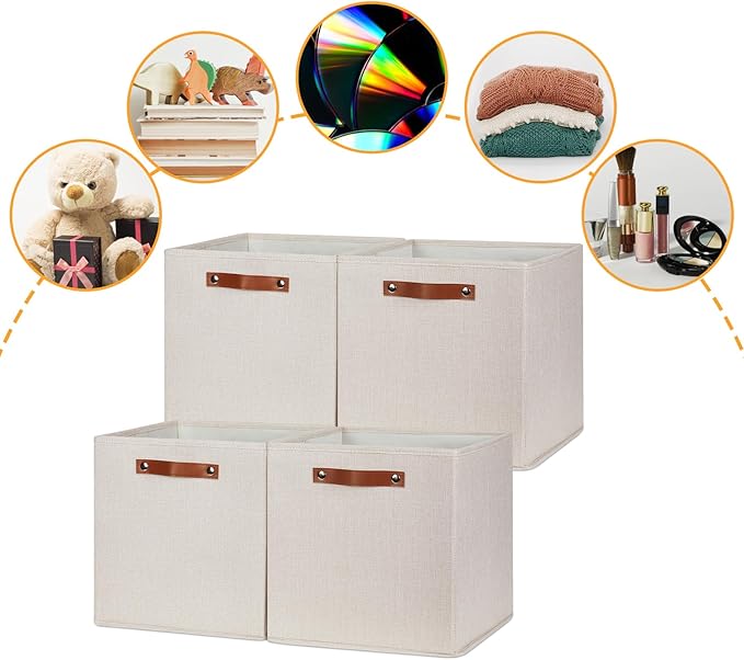 DULLEMELO Storage Baskets for Shelves Closet Storage,Sturdy Home Organization Bins for Gifts Empty,Foldable Fabric Storage Cubes Baskets for Nursery Toys Towels Clothes Storage(Beige-4 Pack)